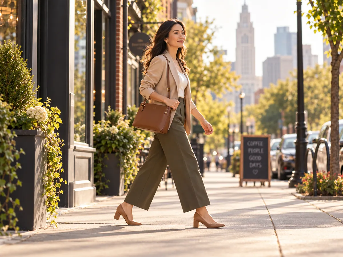 Woman walking forward down a sunlit outdoor path with serene focus and unforced confidence