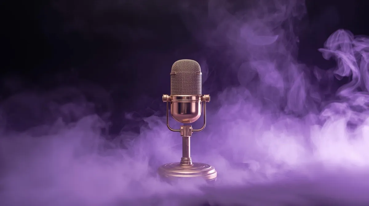 A single, isolated podcast microphone with a lavender foam windscreen, floating on a transparent background. The microphone is modern, metallic, and centered, with no visible cords or props, evoking a professional podcasting atmosphere. No background or supporting elements are present.