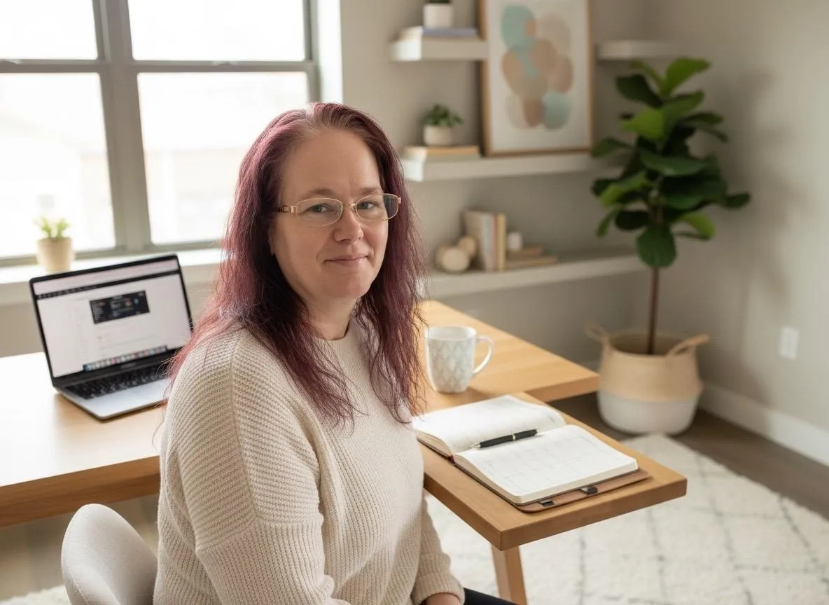 A poised, sharply dressed businesswoman in a modern office, confidently managing multiple digital devices, with a subtle luxury ambiance and soft blue-gold lighting.