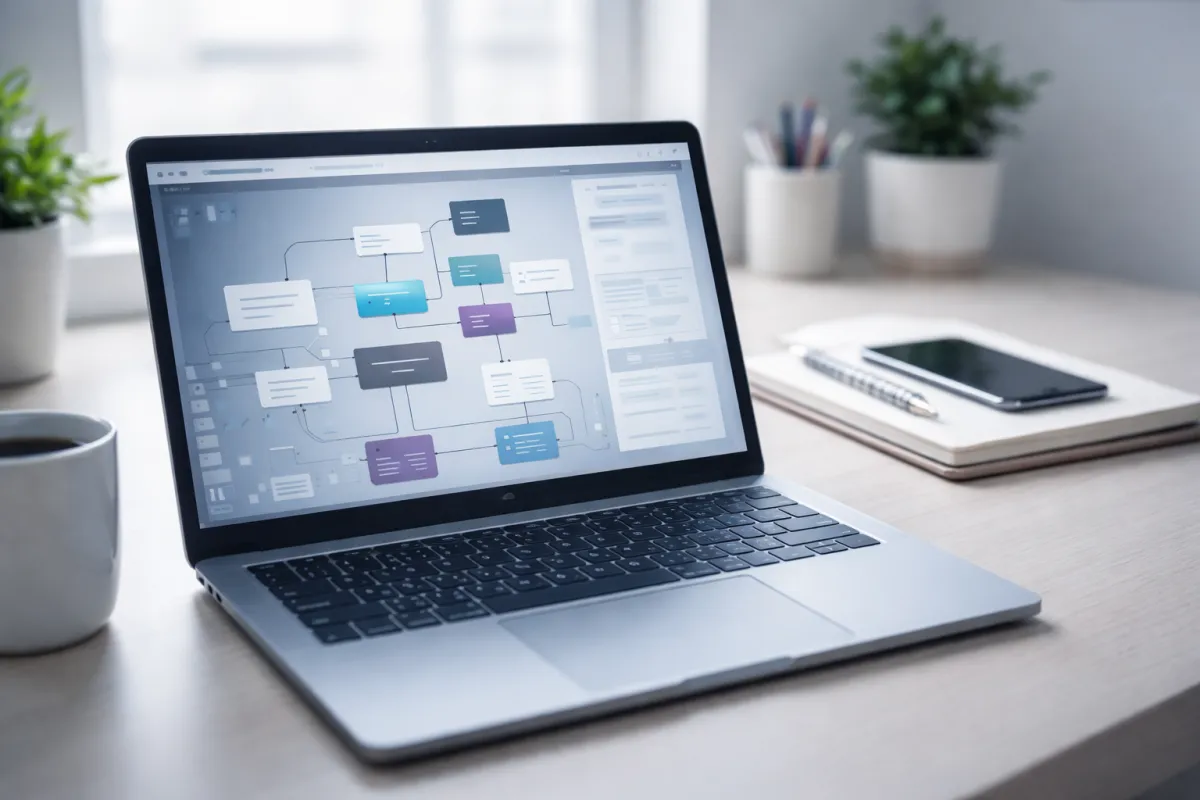 A poised, sharply dressed businesswoman in a modern office, confidently managing multiple digital devices, with a subtle luxury ambiance and soft blue-gold lighting.