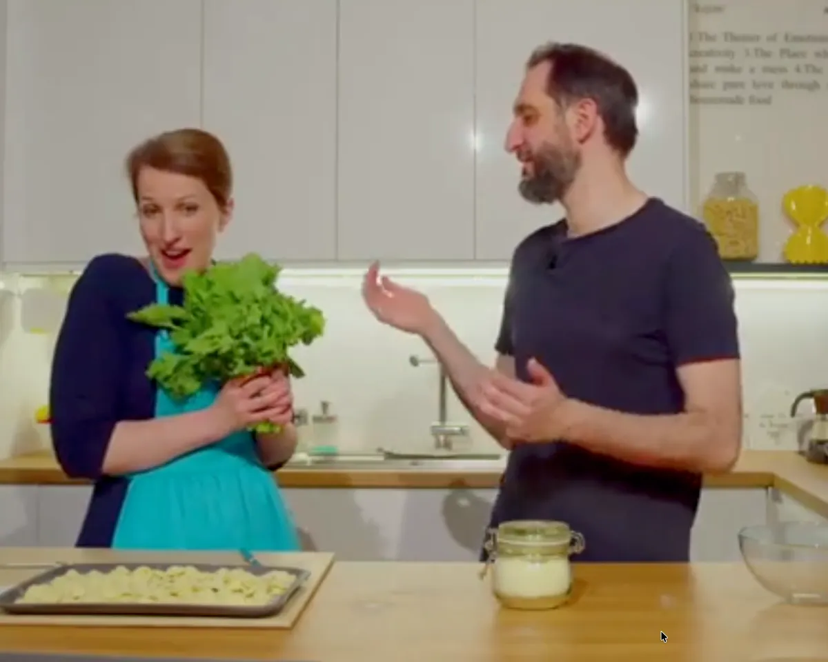 Vallì and Dave teaching homemade pasta during a live Pastatarian Club Cook-Along