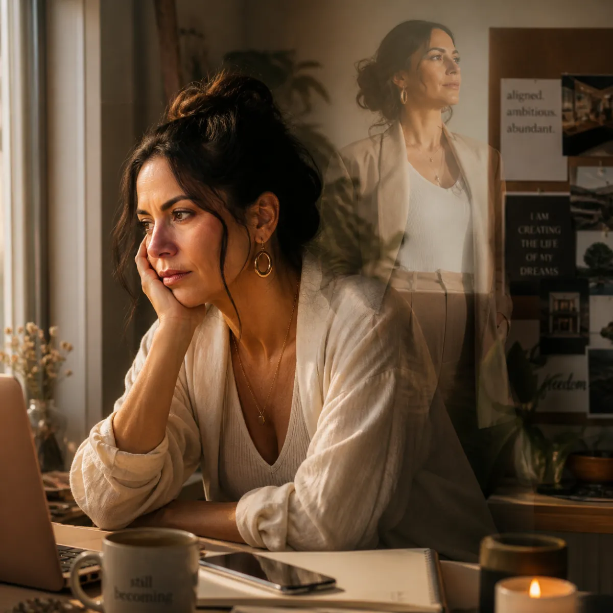 Woman reflecting near window representing identity conflict between current self and aligned future self