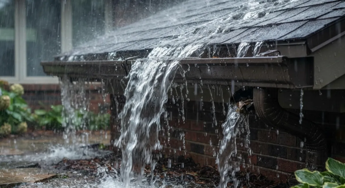 Heavy rain downpour overflowing standard gutter