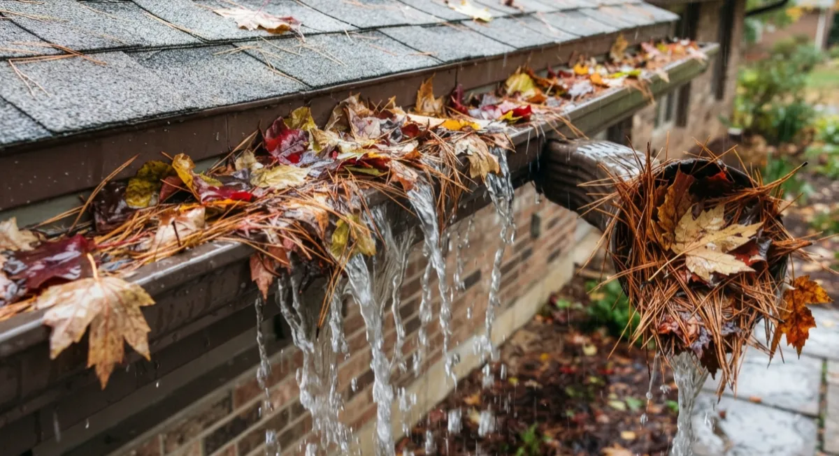 Gutter clogged with autumn leaves and pine needles