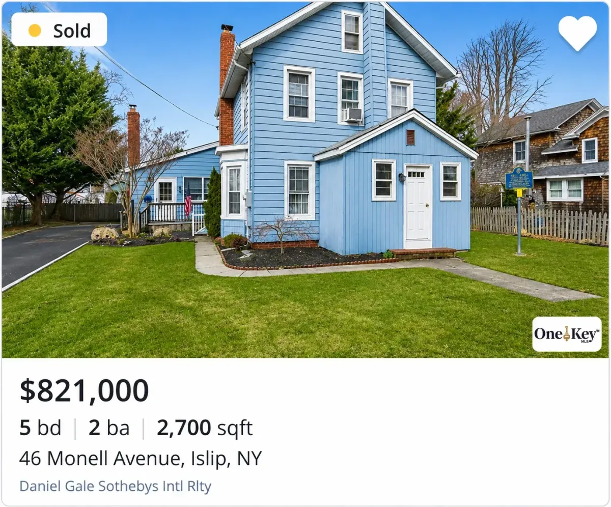 Exterior view of home for sale at 46 Monell Avenue in Islip, New York
