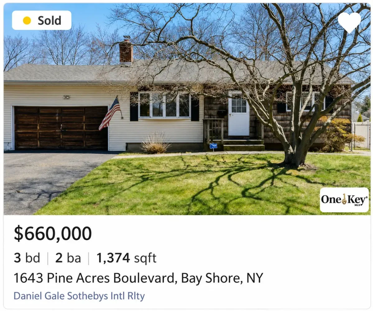 Exterior view of home for sale at 1643 Pine Acres Boulevard in Bay Shore, New York