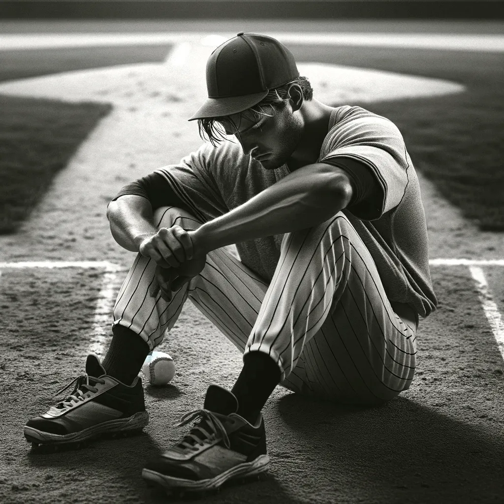 discouraged baseball player sitting on field