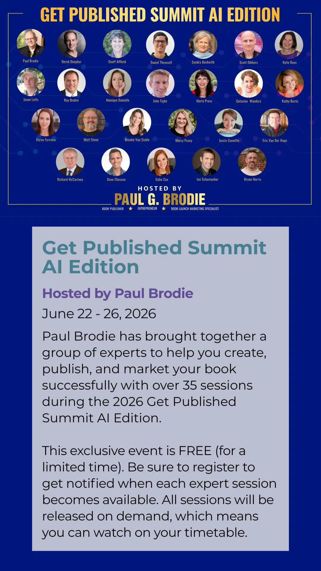 For an image like this — a speaker grid with names and event details — you want the alt text to do two jobs: describe what's visually there for accessibility, and include the key terms for SEO without stuffing. Something like: Speaker lineup for the Get Published Summit AI Edition hosted by Paul Brodie, June 22-26 2026, featuring Monique Danielle and 20+ publishing and book marketing experts.