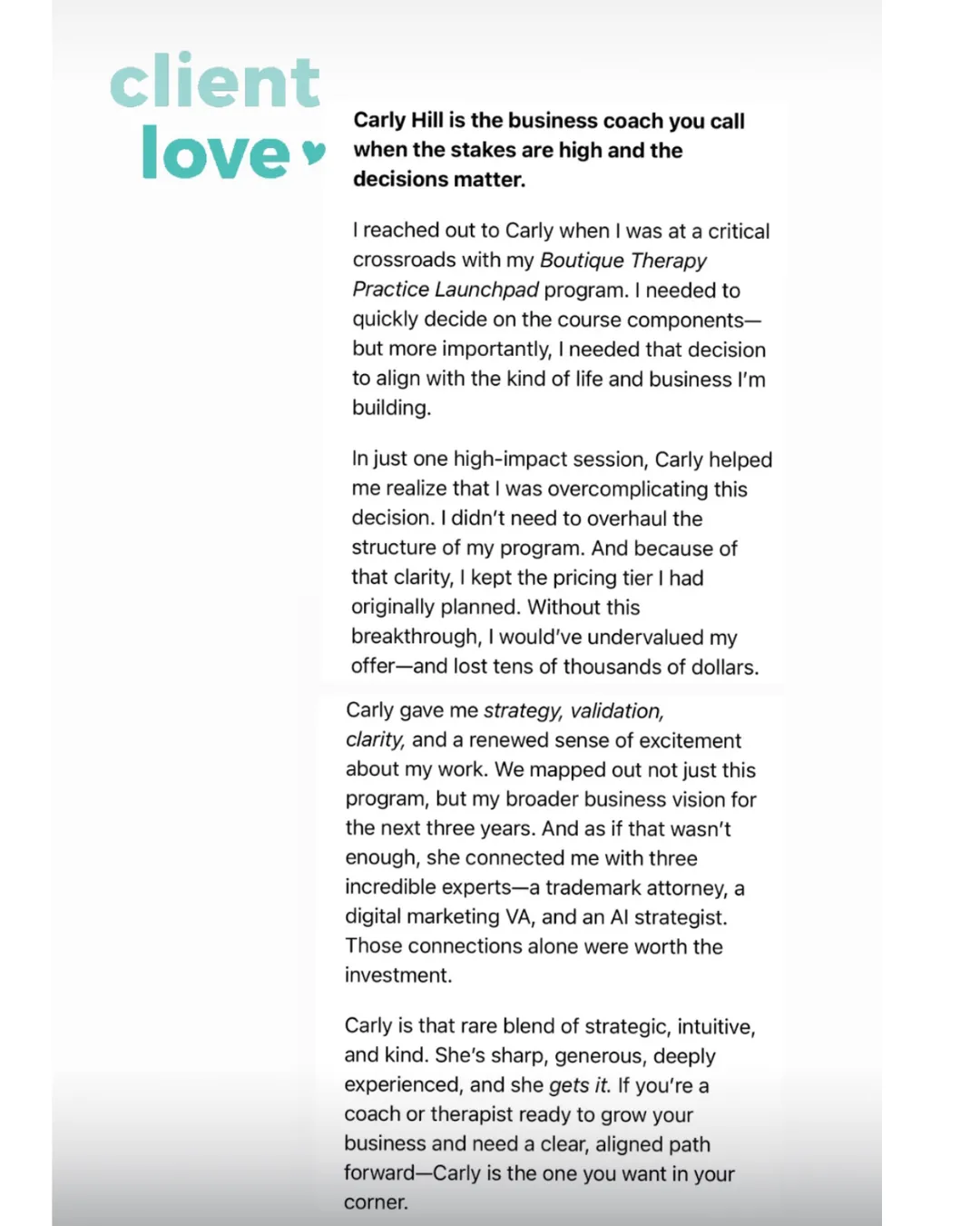 carly hill coaching testimonial