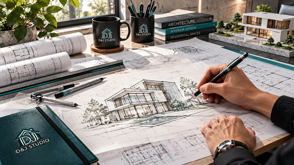 A designer at D&J Studio sketching a modern house in perspective by hand