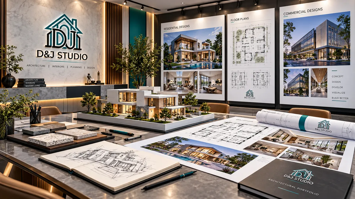 The D&J Studio presentation area with boards for residential designs, floor plans and commercial designs, a scale model and a sketchbook