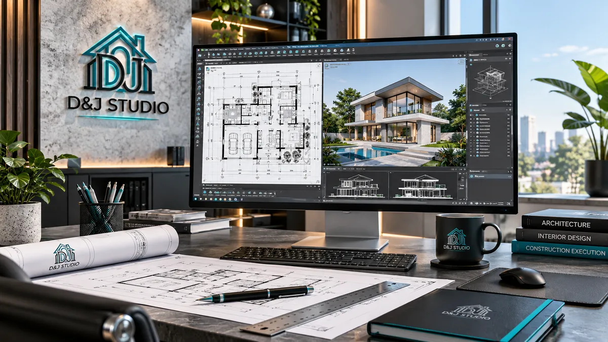 A D&J Studio workstation with a floor plan and a 3D render of a modern house open in CAD software