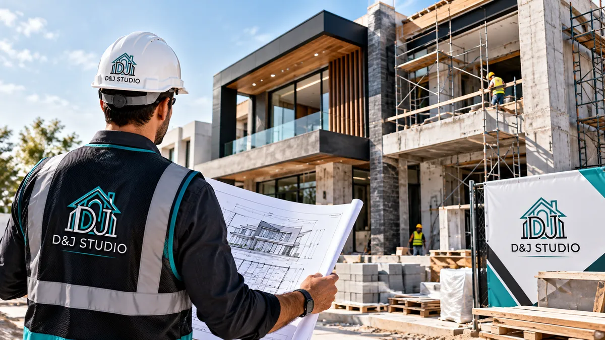 A D&J Studio team member in a branded hard hat and vest reviewing drawings at a two-storey building under construction