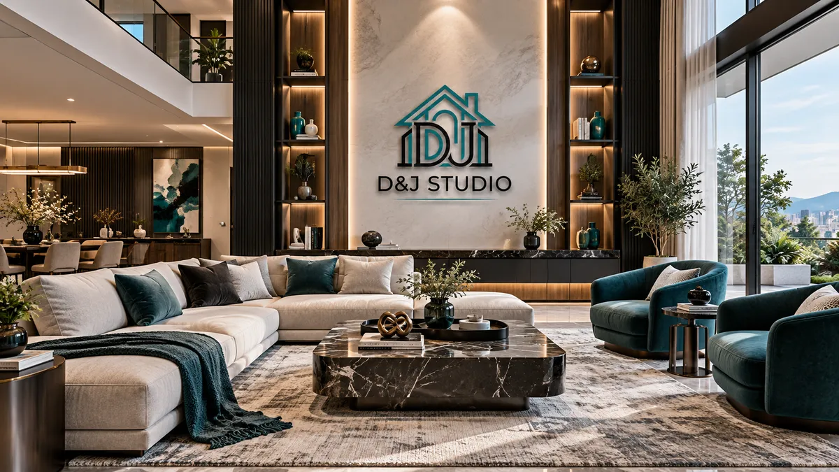 A double-height living room with a marble feature wall, cream sectional sofa and teal velvet armchairs, with the D&J Studio logo
