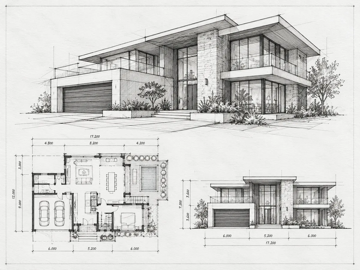 Hand-drawn perspective, ground floor plan and front elevation of a modern two-storey residence with a garage and stone feature wall