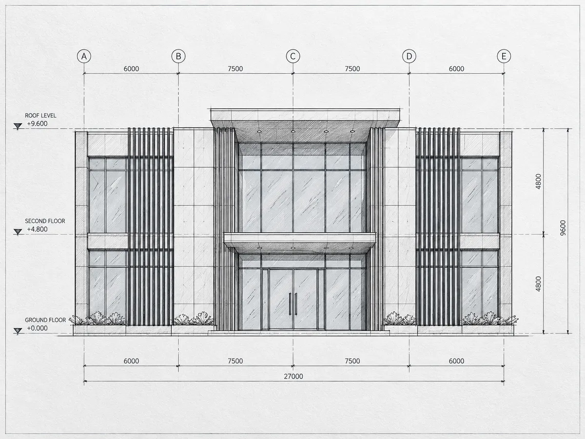 Front elevation of a two-storey commercial building with a glass curtain wall, entrance canopy and vertical fins