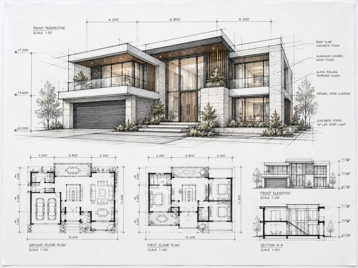 Presentation sheet for a modern residence: front perspective, ground and first floor plans, front elevation and section A-A