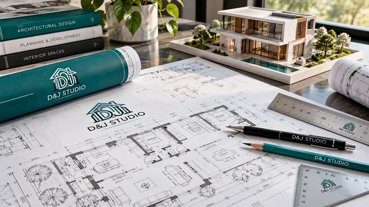 D&J Studio drawings on a desk beside a scale model of a modern house, a ruler and branded pencils