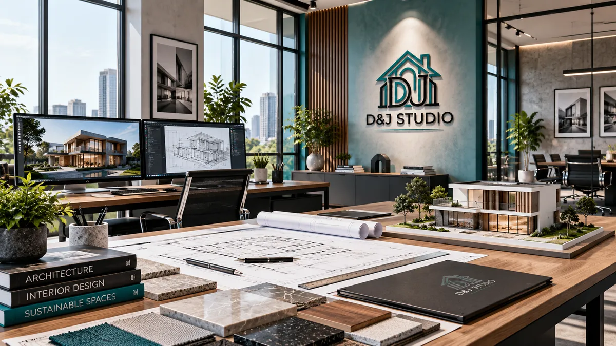 The D&J Studio office: drafting tables with drawings, material samples and a scale model in front of the teal logo wall