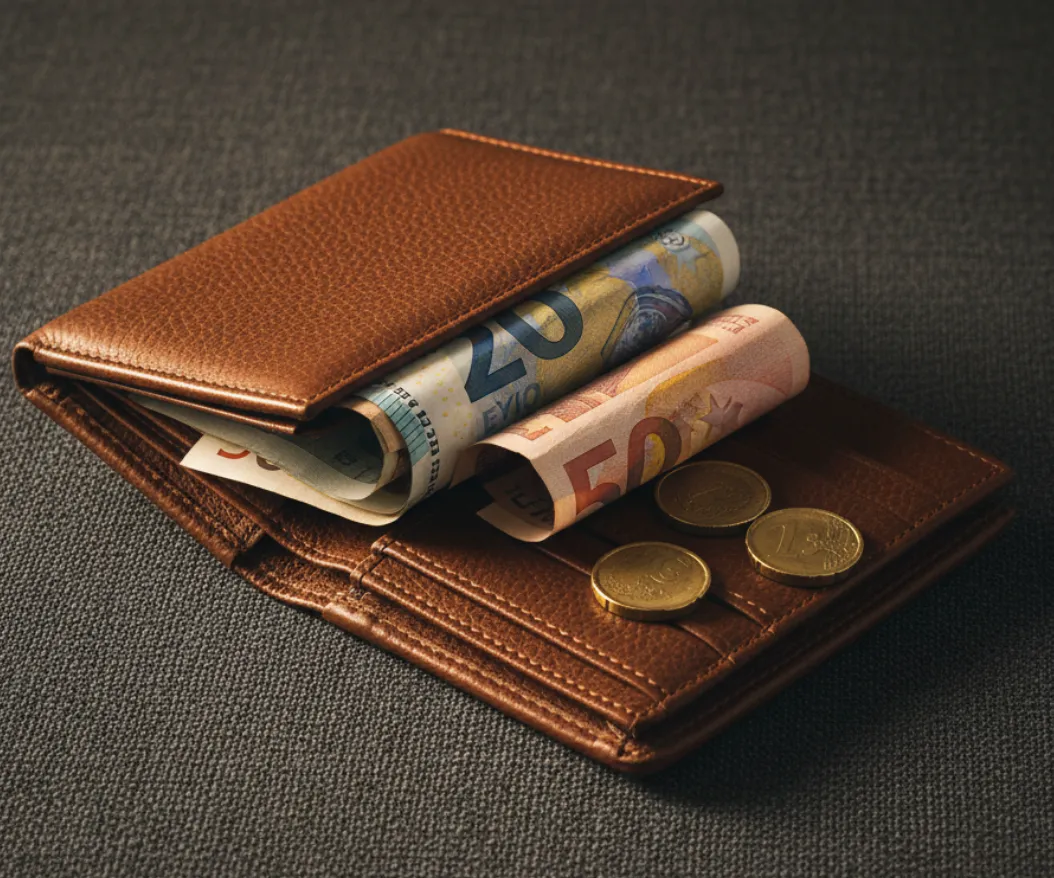 Hochwertiges Lifestyle-Foto mit Euro-Portemonnaie im europäischen Kontext