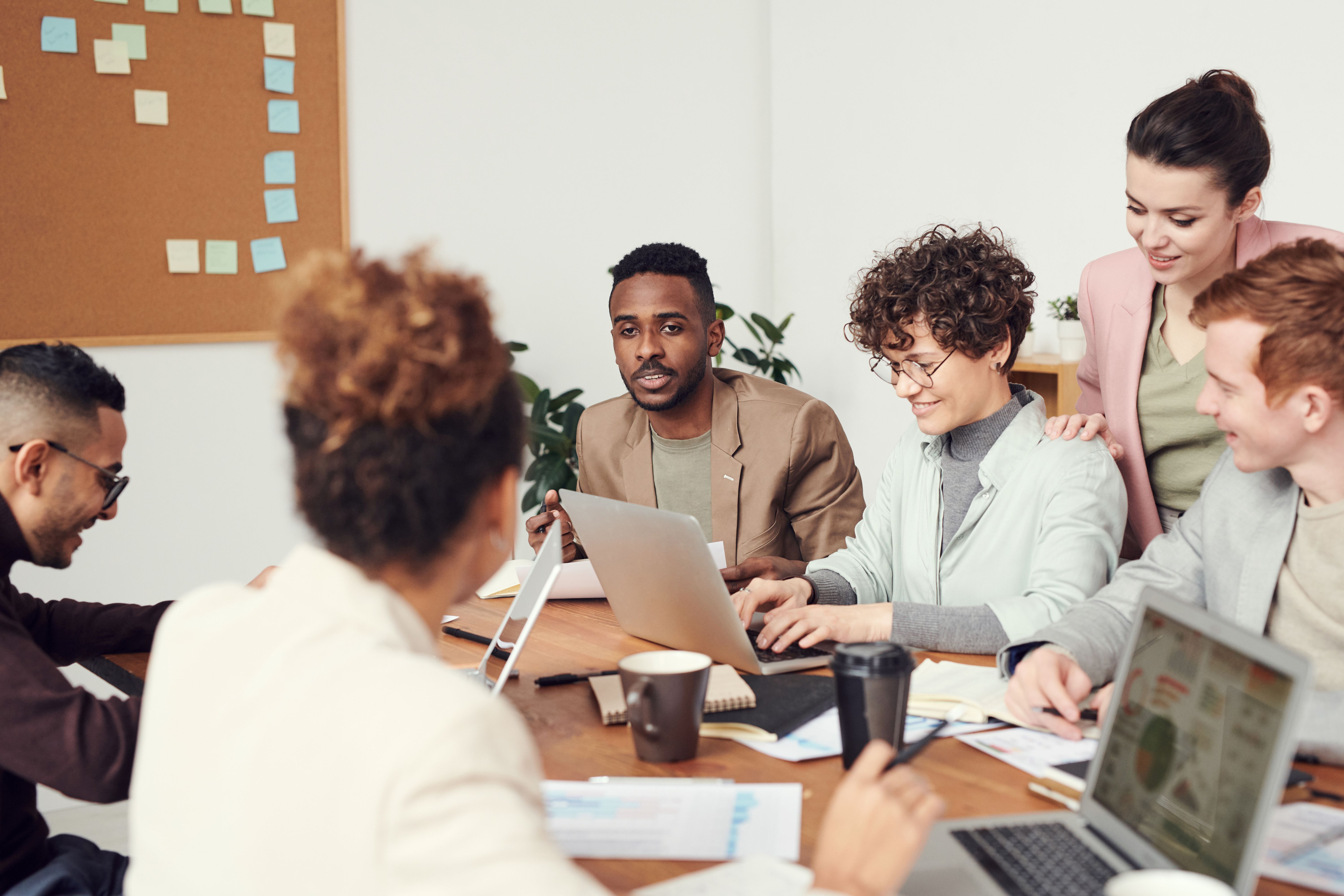 Business team collaborating in a modern workplace.