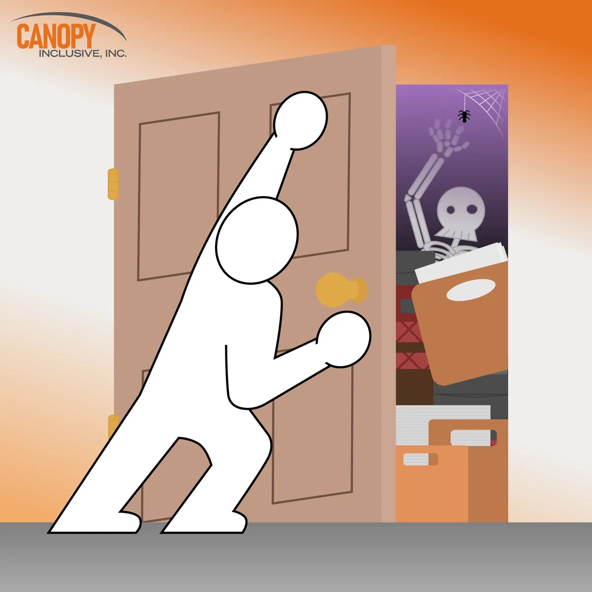 A figure is seen shoving a ton of old files and miscellaneous objects into a small closet