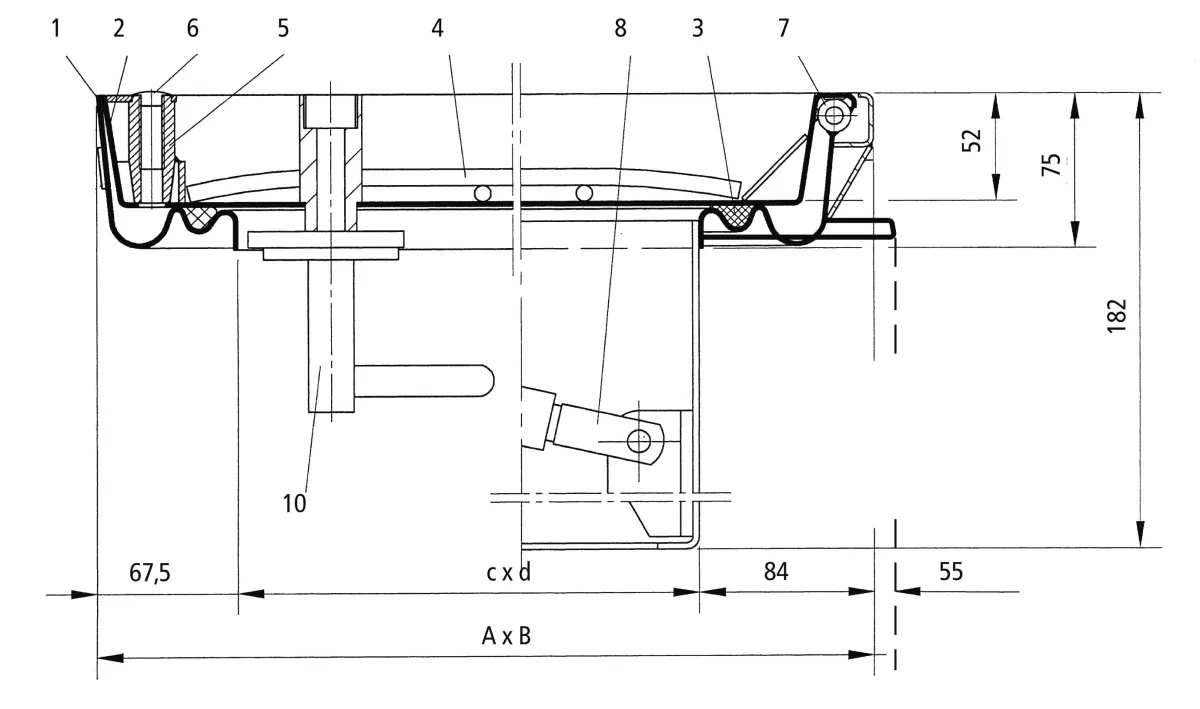 Technische Zeichnung BV-GDZ Stahl Schachtabdeckung mit Beton verfüllbar mit Öffnungshilfe und Zentralverschluss, geruchsdicht und wasserdicht