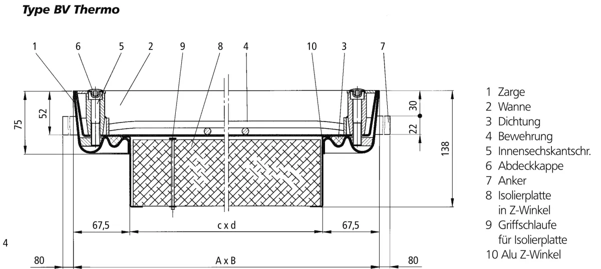 Technische Zeichnung BV-thermo Stahl Schachtabdeckung mit Beton verfüllbar inkl. Dämmplatte geruchsdicht und wasserdicht