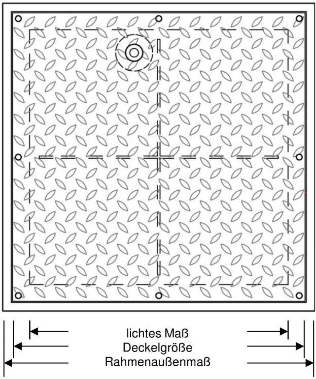 Technische Abbildung Stahl und Edelstahl Schachtabdeckung befahrbar bis 15t Bruchlast quadratisch eckig tagwasserdicht und geruchsdicht (F5GS|F15GS)