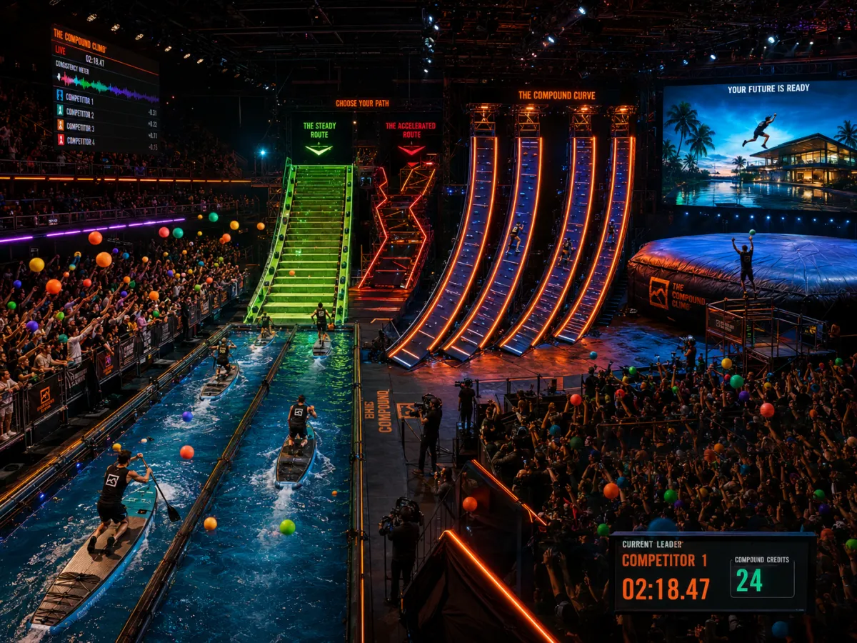Indoor arena view of the full Compound Climb challenge from paddleboard lanes through route fork, Compound Curve, and Future Leap.