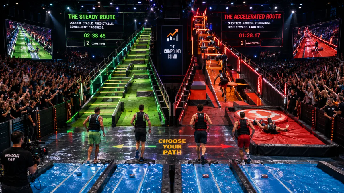 Four competitors arriving at a glowing route fork with the Steady Route on one side and the Accelerated Route on the other.