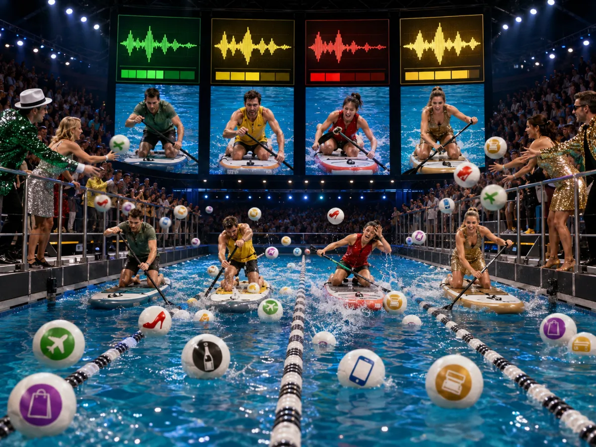 Competitors maintaining paddle rhythm while colorful labeled foam distraction balls fly across the arena from Temptation Decks.