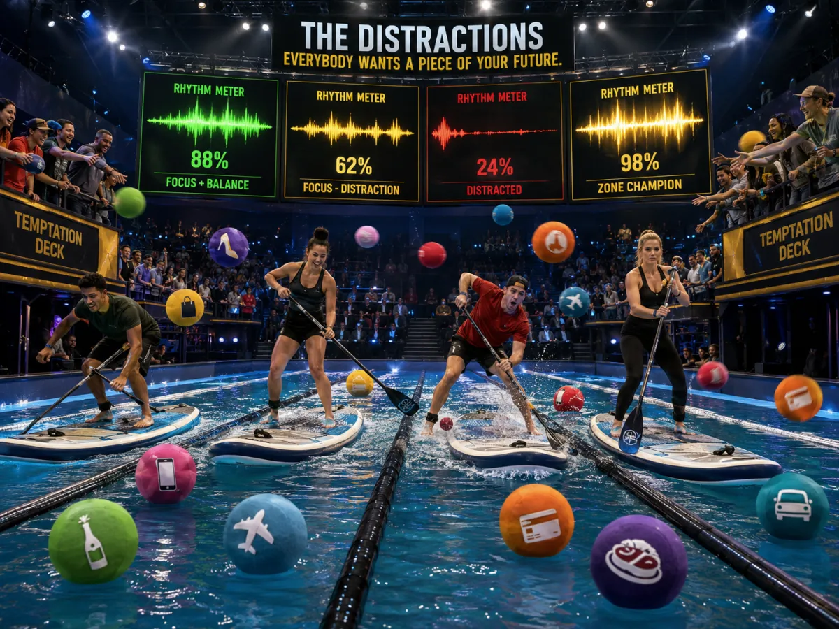 Four competitors paddling in parallel lanes inside an arena pool while live Consistency Meters glow above them.