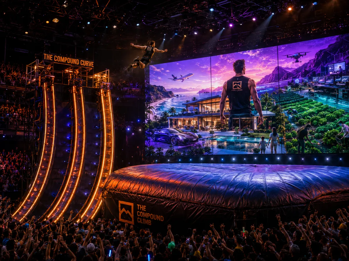 Competitor airborne above a giant arena airbag while their personalized AI dream future fills the arena screens.