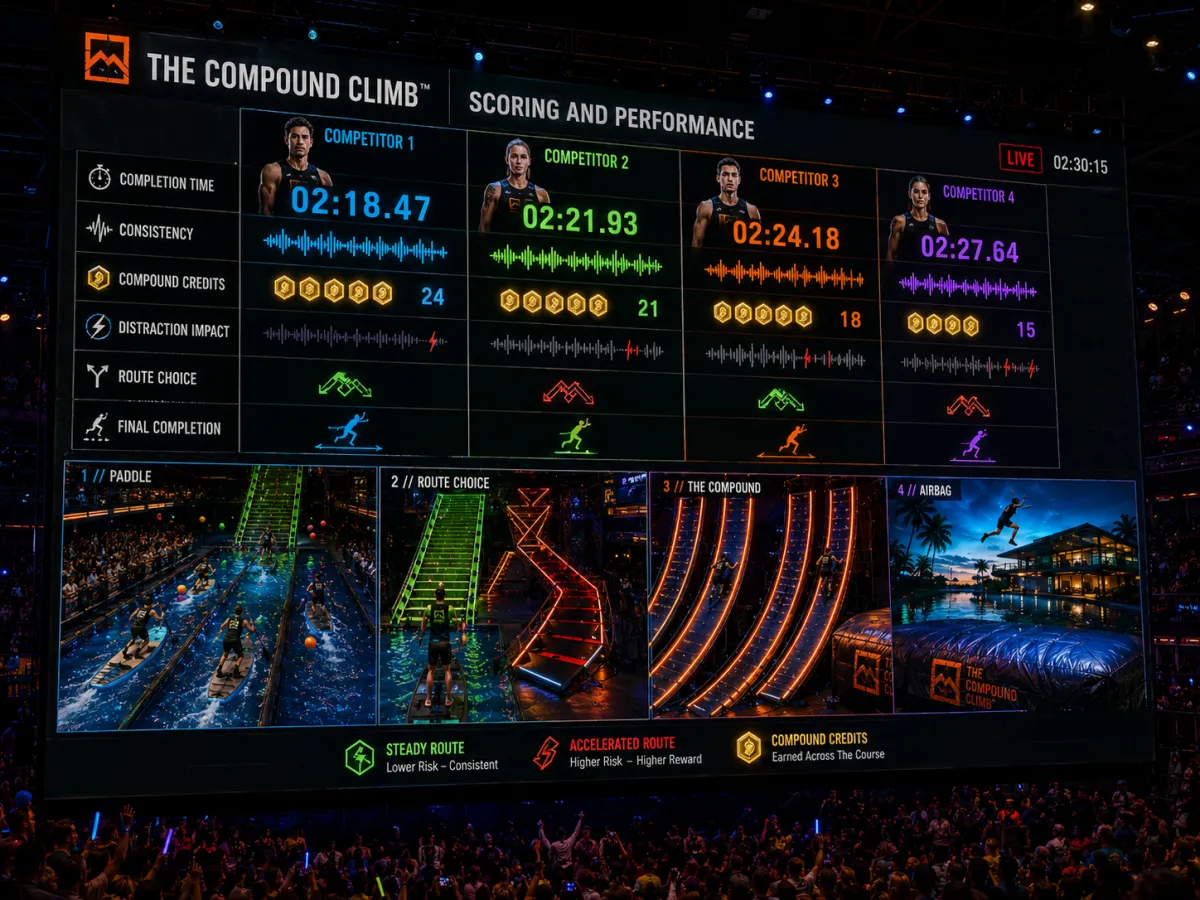 Broadcast-style scoring graphic showing completion time, consistency score, distraction impact, and route result for a competitor.