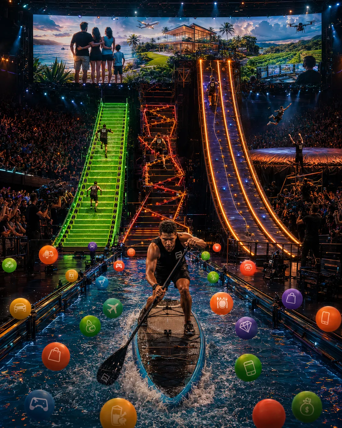 Cinematic indoor arena view of the entire Compound Climb journey from paddling through distractions to Future Leap and dream future reveal.