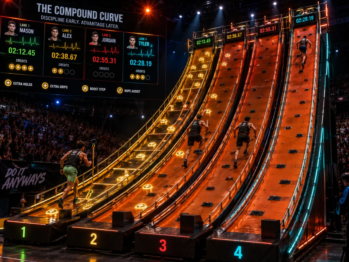 Steep curved Compound Curve climb with extra grips and assistance features lighting up for a competitor who earned multiple Compound Credits.