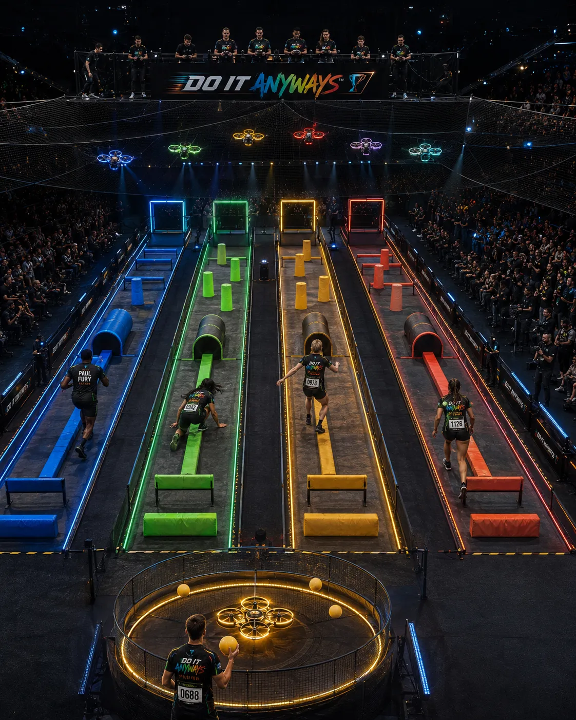 Complete challenge overview from start to finish showing competitors, drones, and the pilot deck in a neon-lit arena.