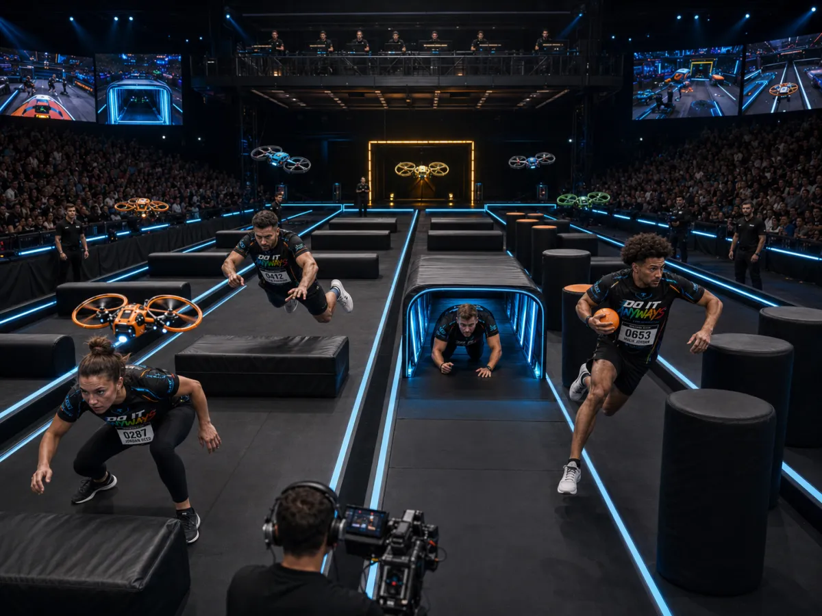 Competitors weaving through moving drones inside a colorful arena