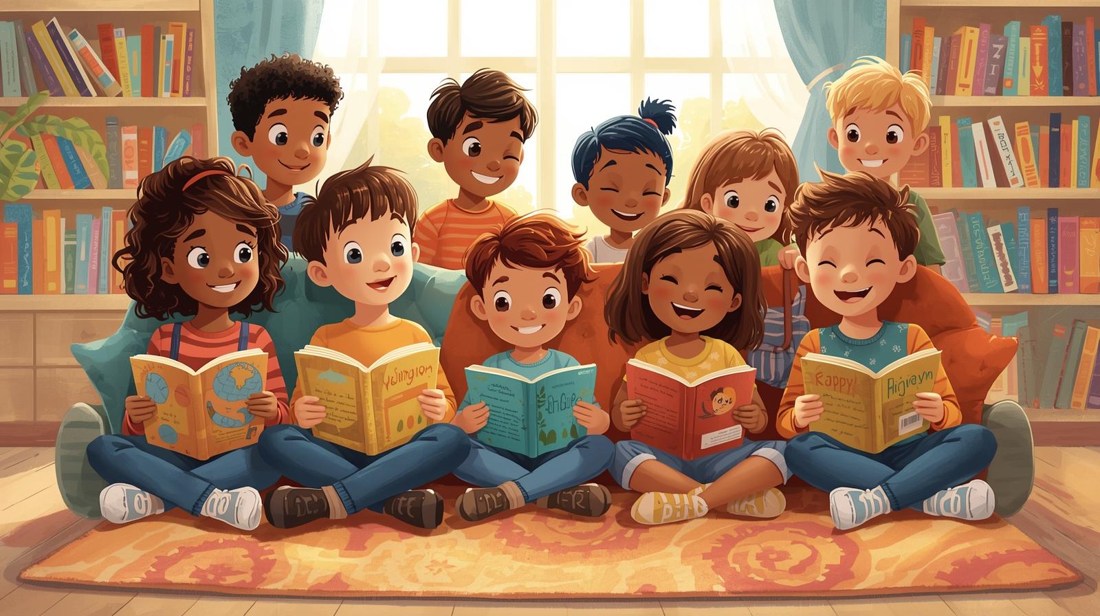 Kids holding books and smiling