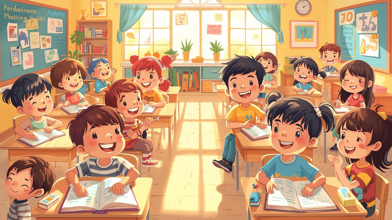 Kids in a classroom smiling