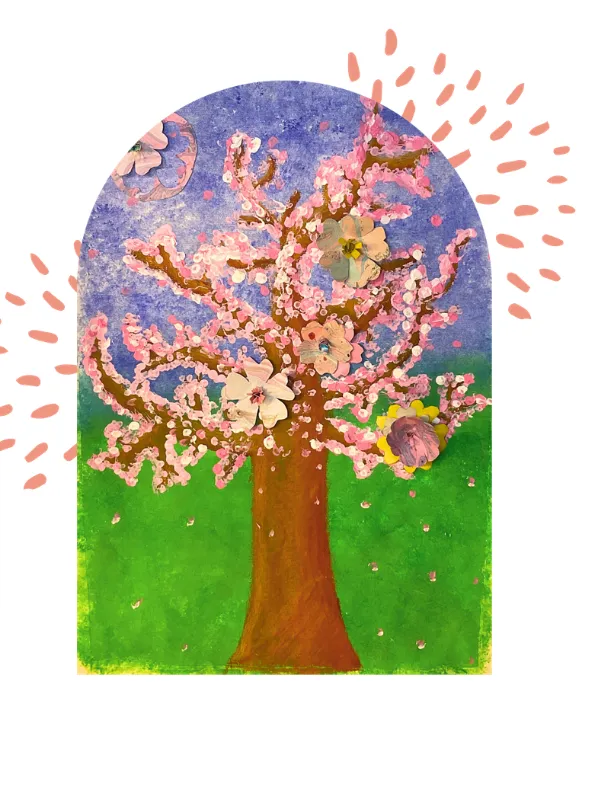 Blommande magi, körsbärsträd med marmorerade blommor