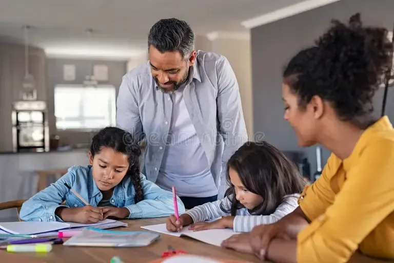 Parents helping their children with homework.