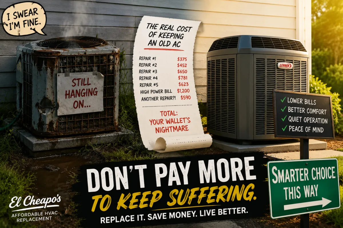 Old worn-out AC unit beside a newer HVAC replacement system showing the cost difference between repeated repairs and replacement.