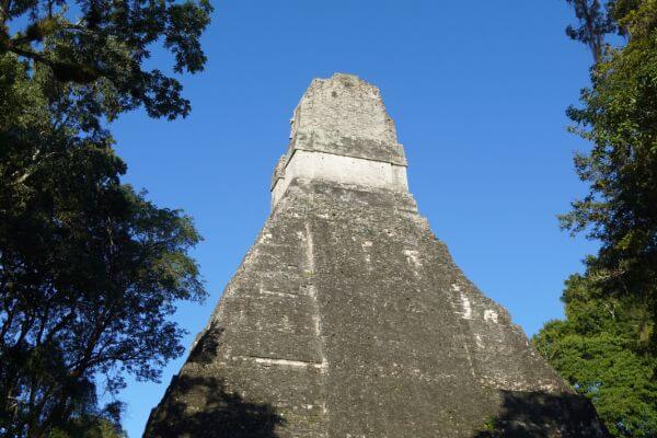 A temple at the Mayan ruins at the Tikal site in the Petén region of Guatemala