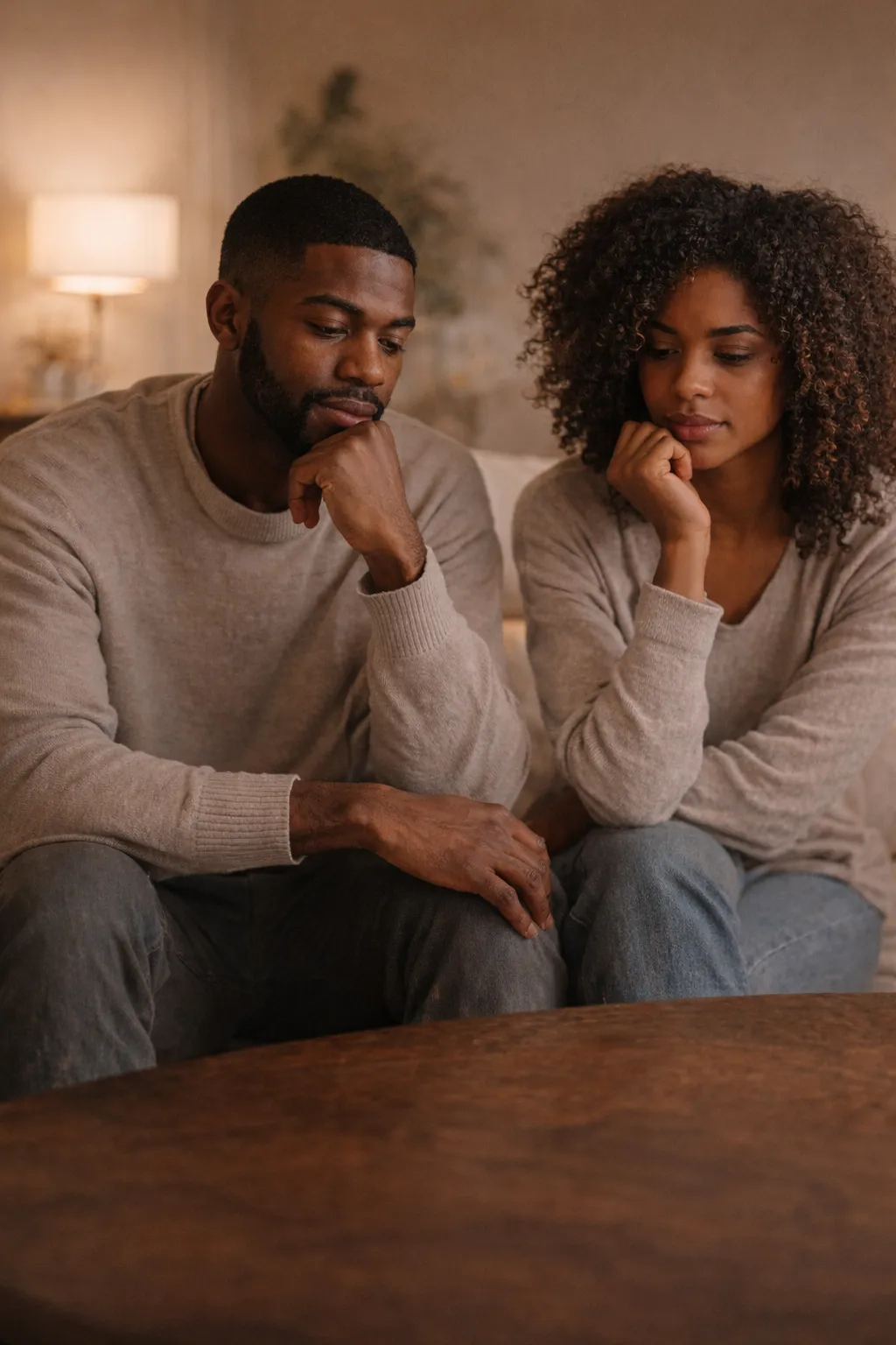 African and Afro-Caribbean couple in quiet reflection, symbolising identity growth and sustainable self-belief.