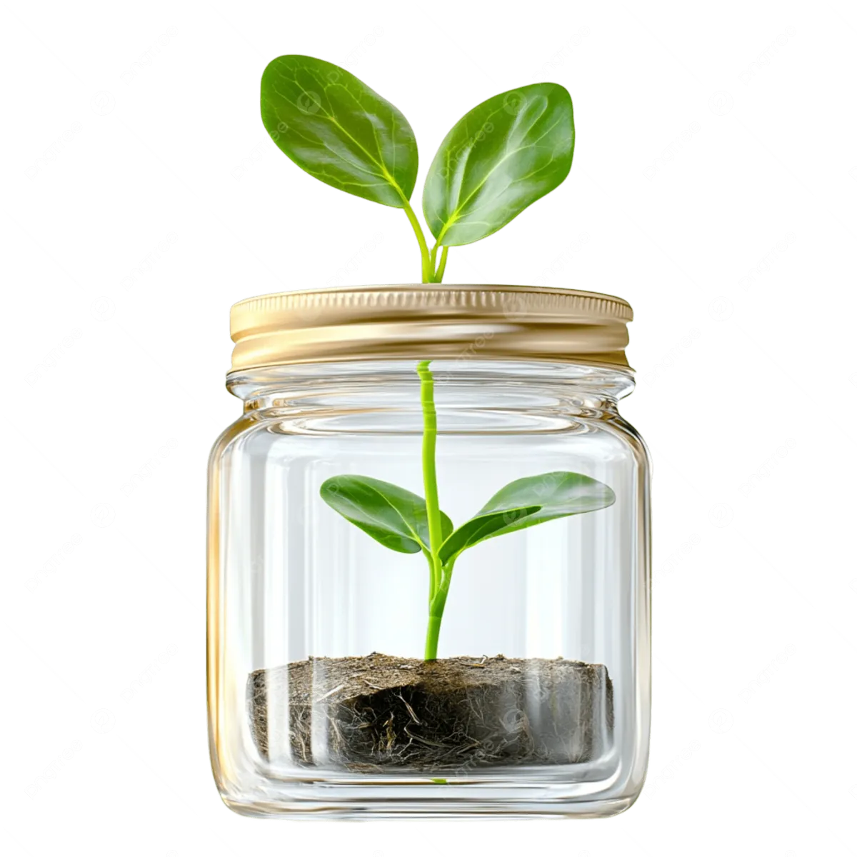 Young green plant growing in soil inside a clear glass jar, symbolising personal growth and development within a supportive container.