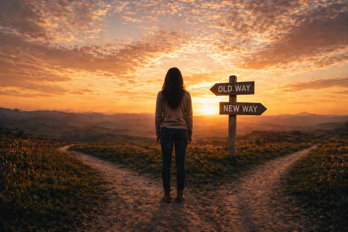 Woman standing at a crossroads between an old path and a new path at sunrise, symbolising a choice that can change the direction of her life.