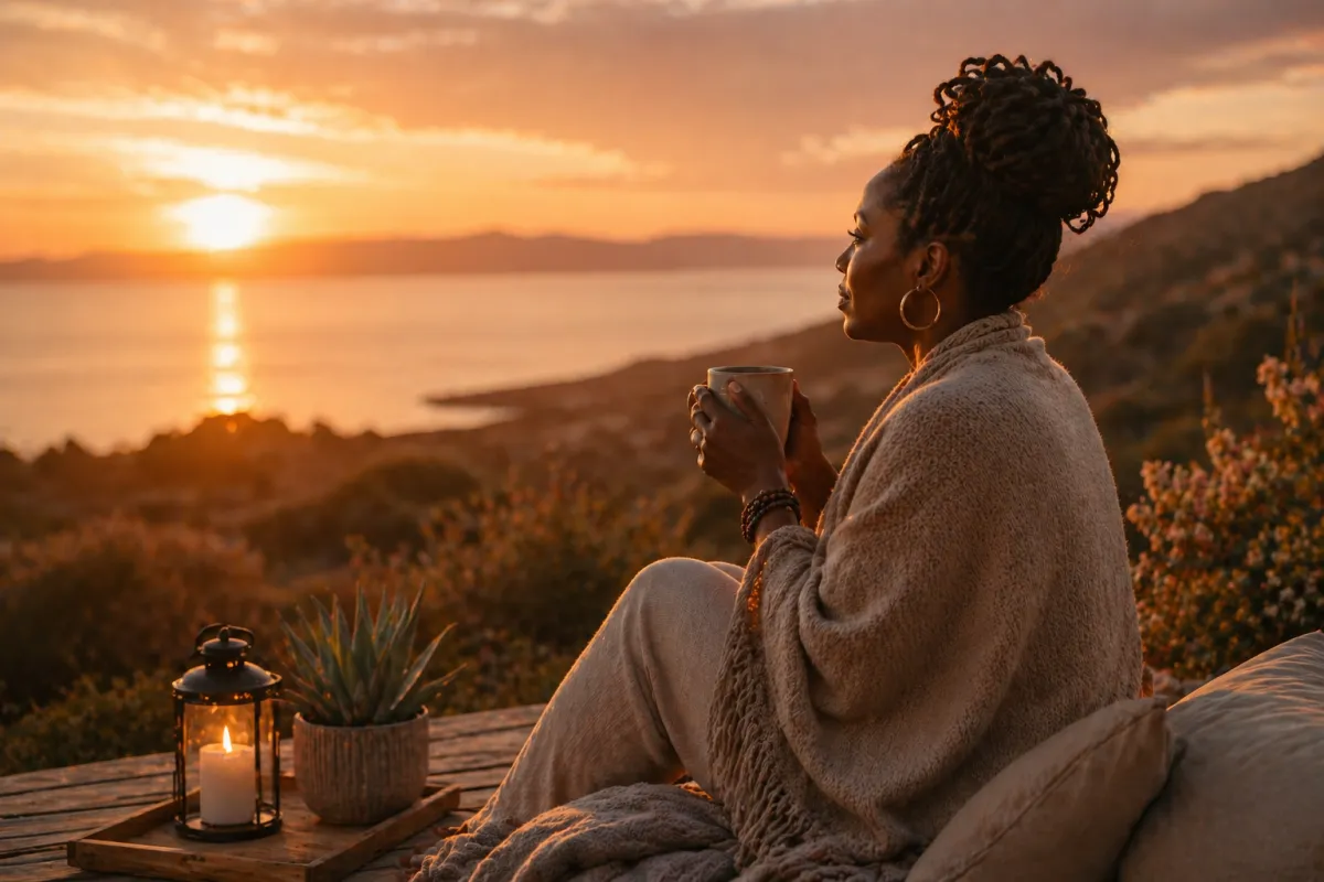 Black woman sitting peacefully at sunset overlooking water, reflecting with a calm and thoughtful expression, representing self-reflection, clarity, and inner awareness.