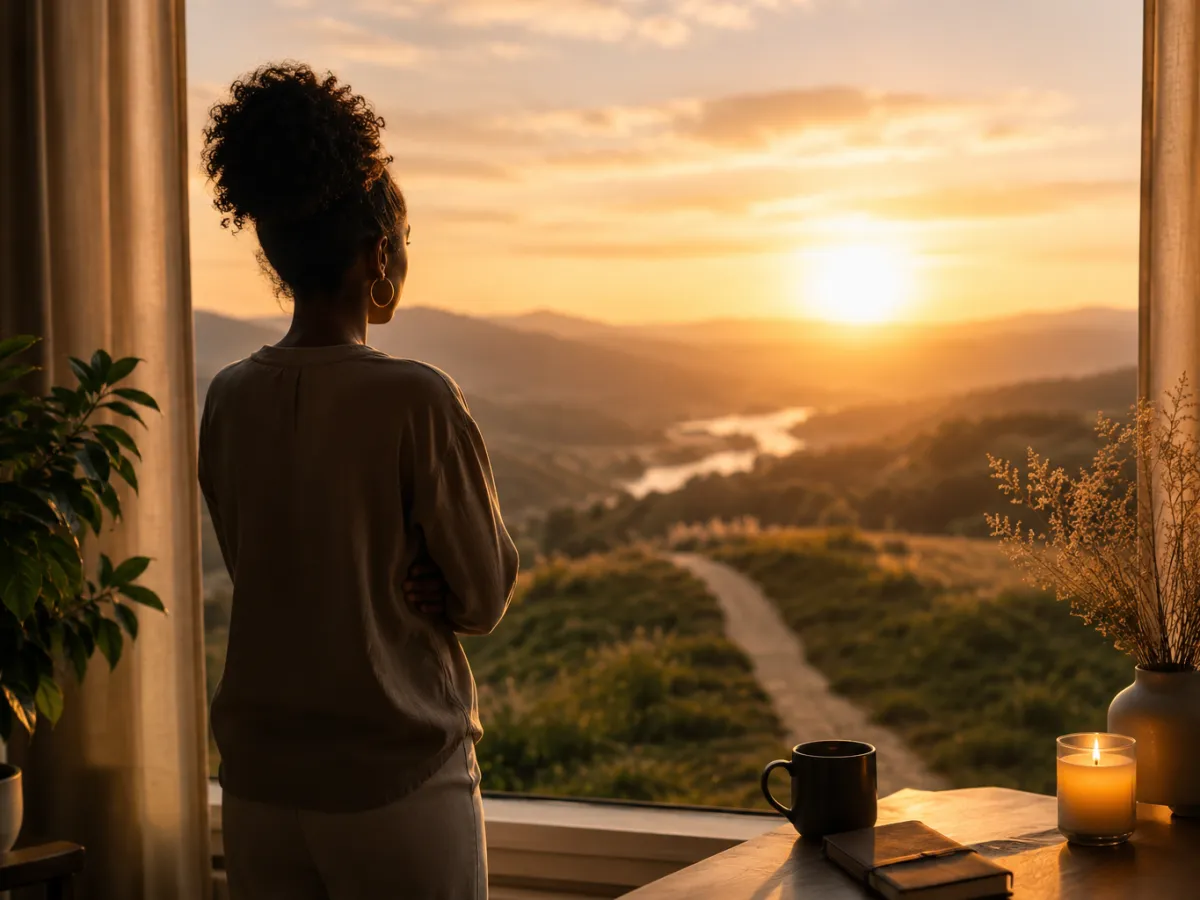 A woman stands by a large window at sunrise, looking out over a winding path through peaceful hills and a glowing valley, reflecting themes of self-belief, intentional living, and personal leadership.